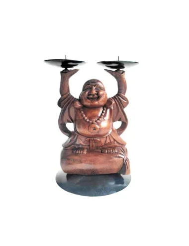 Bouddha rieur en bois porte bougie